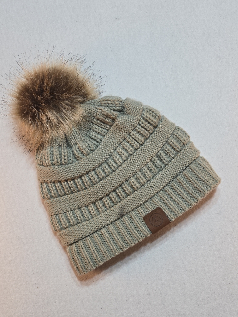 Knit Pom Beanie Hat in Sage Green